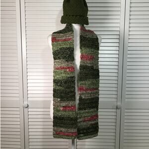 NWT Handmade Crocheted Green Multicolor Textured Beanie Scarf 62”